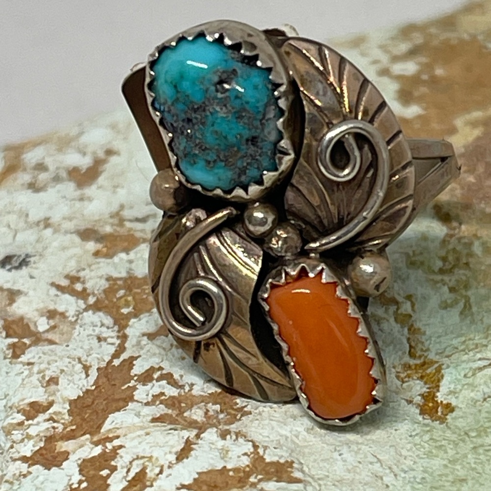 Native American Sterling Silver Turquoise/Coral Ring Stamped Sterling Signed MR
